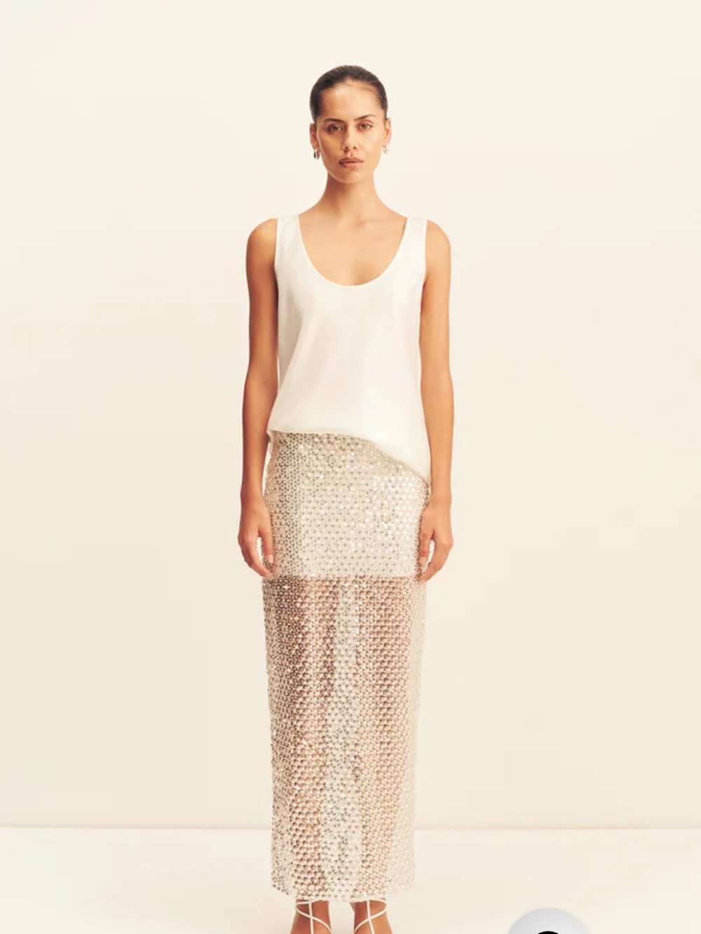Beaded Sheer Maxi Skirt in White x Silver